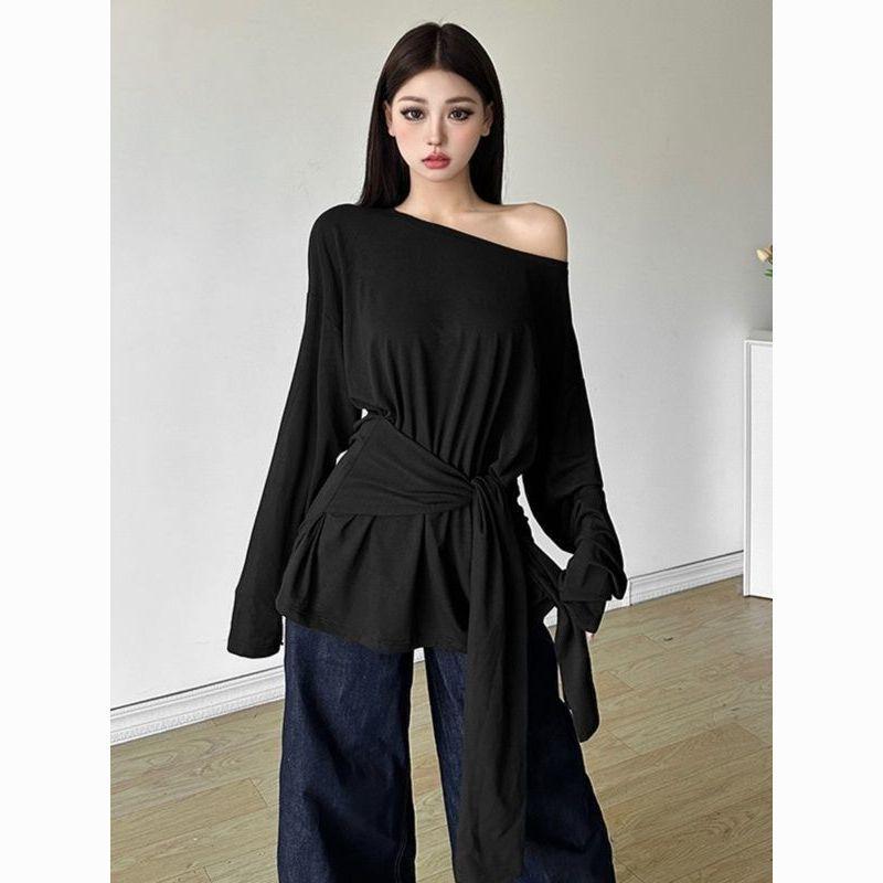 Sexy Thin See-through Long-sleeved Oversized T-shirt Women's Bandage Off The Shoulder Top Women's Basic Long T-shirt