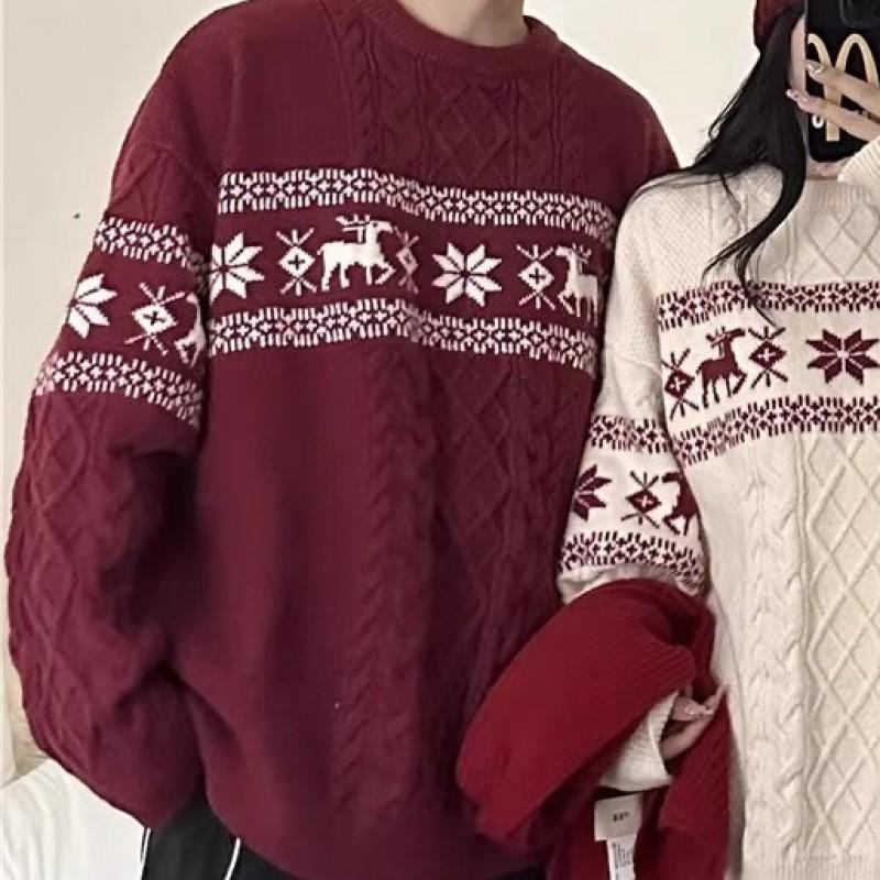 Unisex Nordischer Weihnachtsstrickpullover mit Hirschmotiv Zopfmuster Lockerer Schnitt Winterpullover Teenager Erwachsene