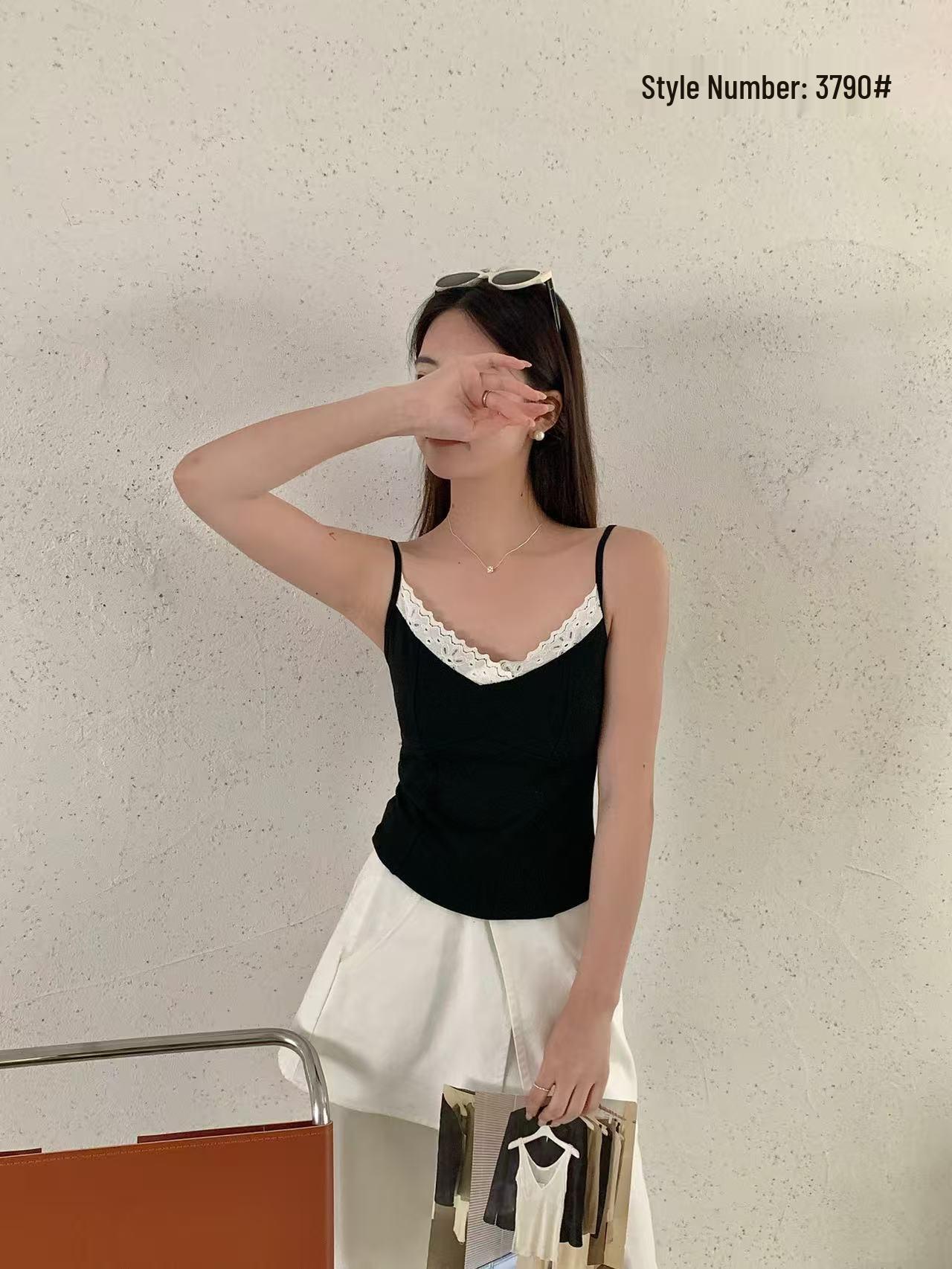 Korean Lace V-Neck Padded Camisole: Slimming, Flattering, Strappy Design for Women One Size чёрный