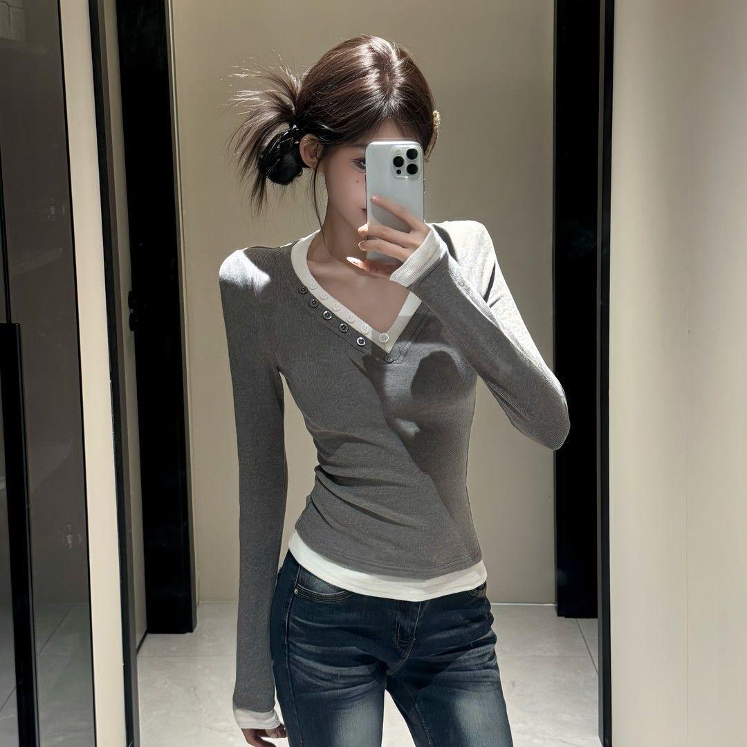Chenille V-Neck Contrast Two-Piece Long Sleeve Women s Slimming Base Top Extra Small серый