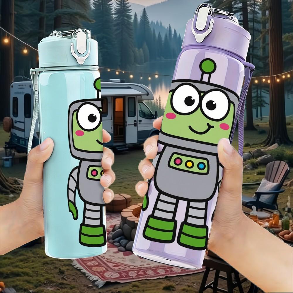 1PC Funny Green Space Robot 750ml Color Plastic Sports Water Bottle Leakproof Flip Straw Lid Suitable for Sports Office Home Use