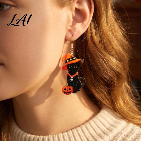 Halloween Earrings for Women 1 Pair Black Cat Acrylic Women Cute Whimsical Fall Theme Ear Hooks with Wizard Hat And Pumpkin Dangle Jewelry