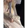 Damen Weiße Strass Hochzeitsschuhe Französische Spitze Dünner Absatz Schuhe High Heels Romantik Brautpumps