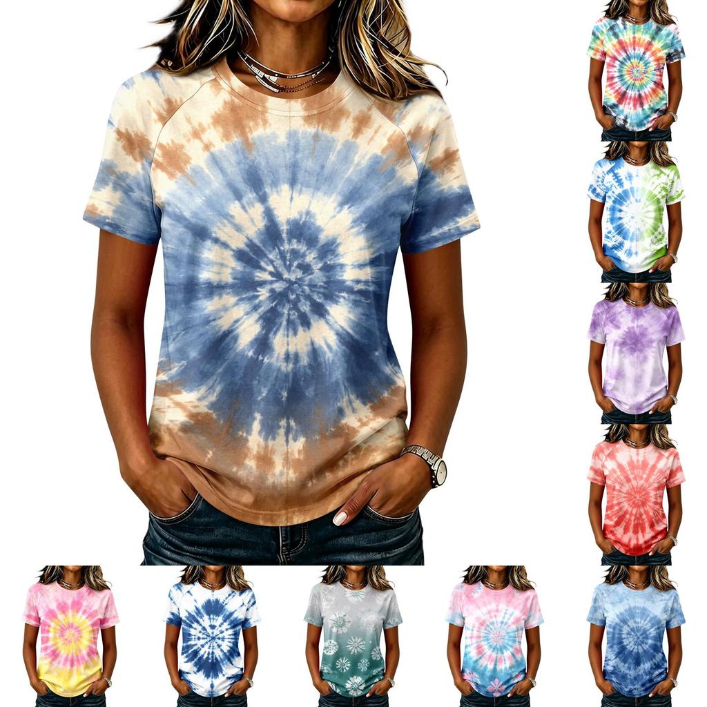 Damen Freizeit Kurzarm Raglan T-Shirt Rundhals Batik-Print Leichtes Weiches Gewebe Sommer Oberteil