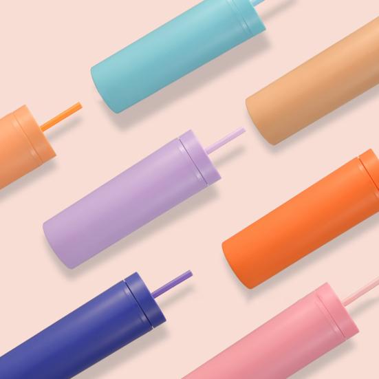 1 Set 450ml Colored Plastic Tumbler Anti-dropping Straw Double Layer Juice Coffee Straw Cup for Home