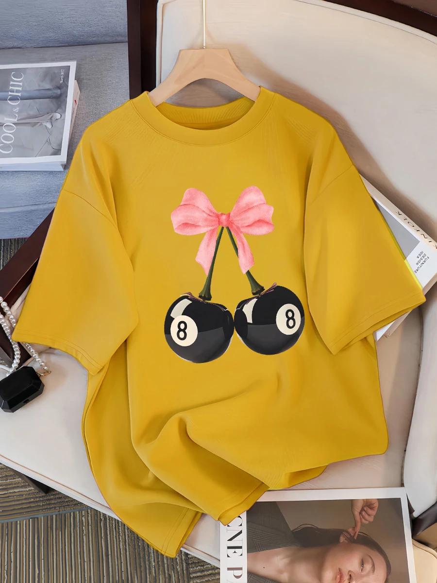 

Pink Bow Black Billiards 8 Cherry Pattern Women s T-shirt Summer Fashion T-shirt Round Neck Top Soft Loose Short Sleeve 3XL