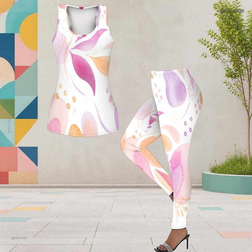Women Plus Size Two Piece Set Scoop Neck Sleeveless Longline Tank Top Printed Fitted Pants