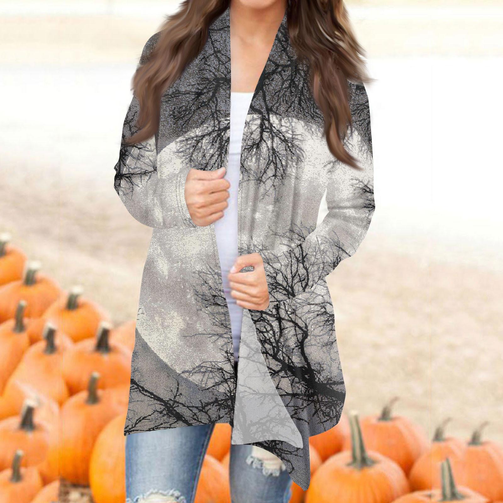 

Женская модная повседневная куртка-кардиган средней длины с длинным рукавом и принтом на Хэллоуин L серый
