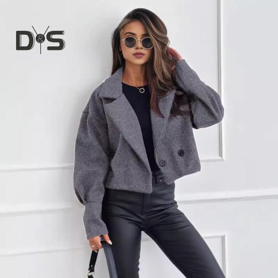 Casaco feminino outono inverno curto tipo gola virada para baixo cor sólida solto fecho de botão cardigan OL jaqueta de deslocamento feminino uso diário