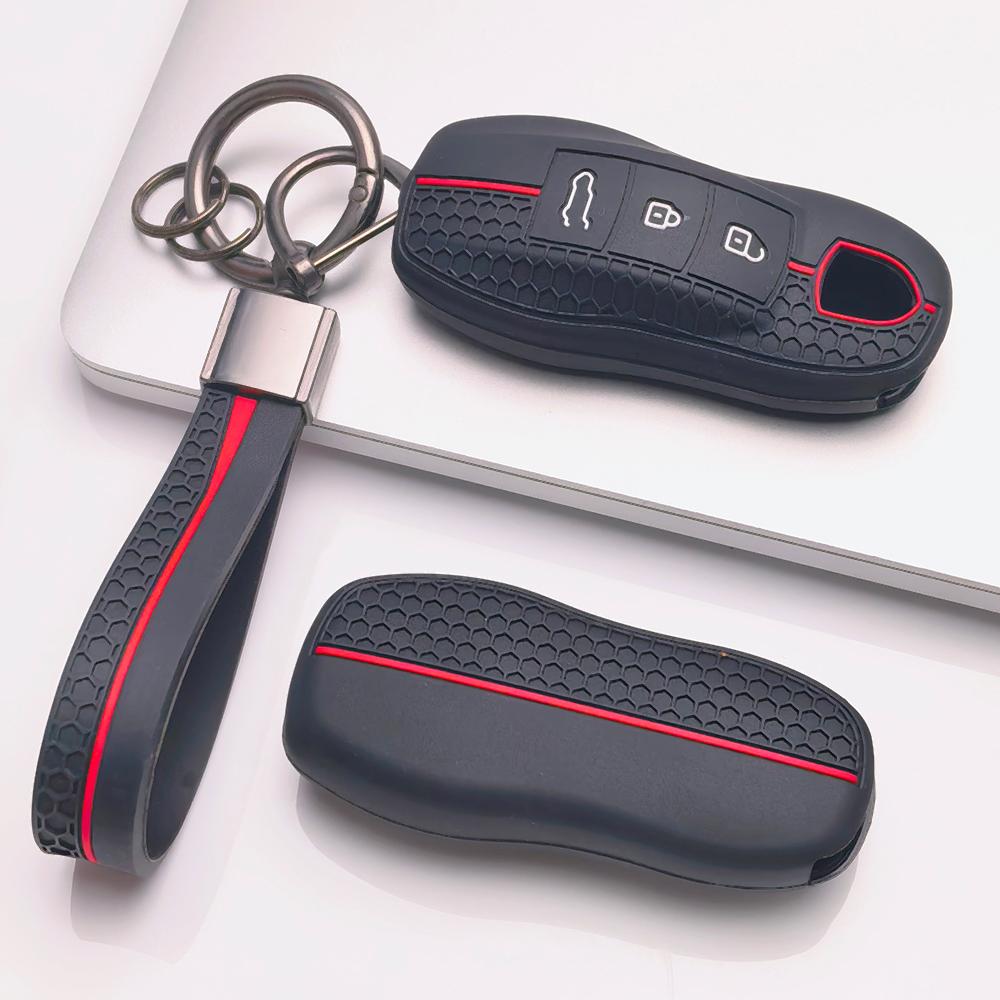Smart Key Cover for Porsche Cayenne Macan Panamera 911 Boxster Cayman Taycan with Keychain Honeycomb Texture Racing Stripe Remote Key Case Protector