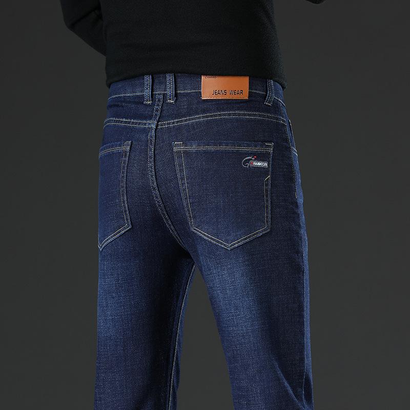 Spring and Autumn Jeans Straight Loose Fleece Thickened Warm Business Elastic Casual Pants