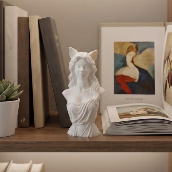 Figurina da Donna con Orecchie da Gatto Scultura Busto Femminile Stampata in 3D per Soggiorno Ufficio Scrivania Libreria Decorazione Casa