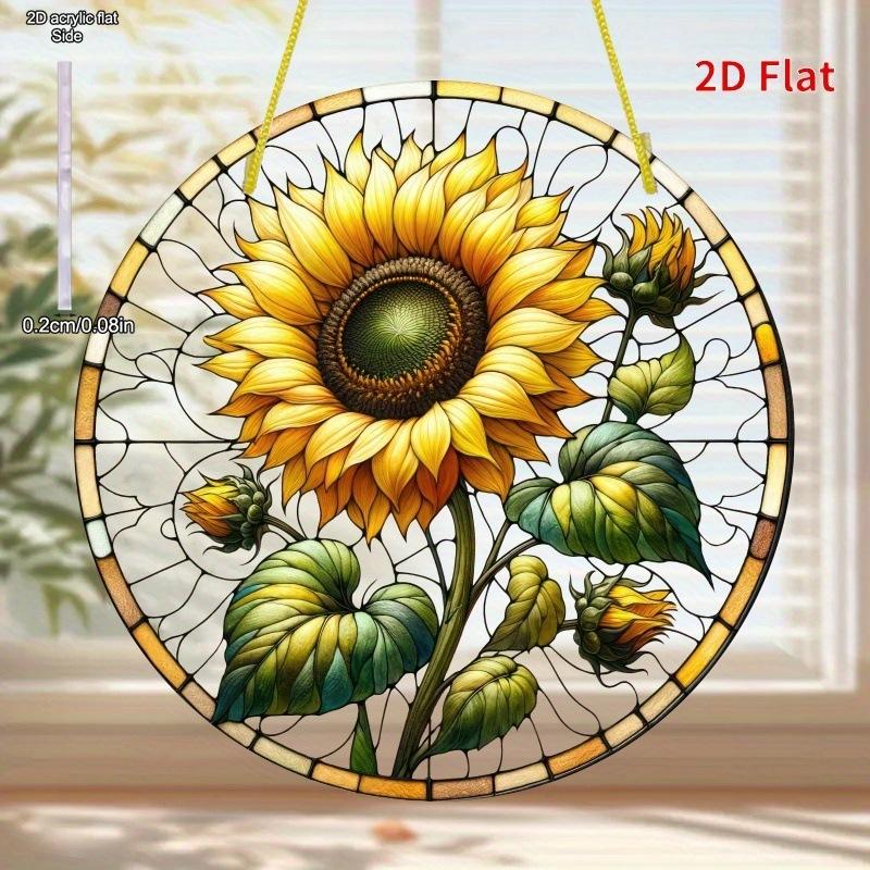 Sunflower Sunset Mountain Scenery Sun Catcher Stained Round Acrylic Hanging Decoration Suitable for Window Suncatcher Door, Four Seasons Decoration