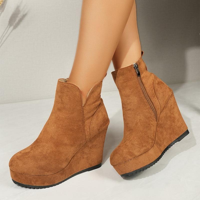 Damskor i mocka med kilklack, Ankelstövletter med sidodragkedja och plattform, Europeisk stil med tjock sula för kvinnor