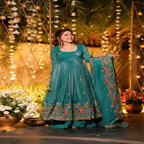 Women's Floral Embroidered Anarkali Set with Sheer Dupatta