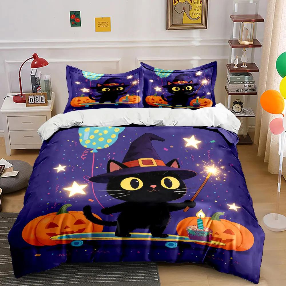 Halloween Witch Cat Set Soft Comfortable Duvet Cover Bedding Set Included 1*Duvet Cover & 2*Pillowcases gift