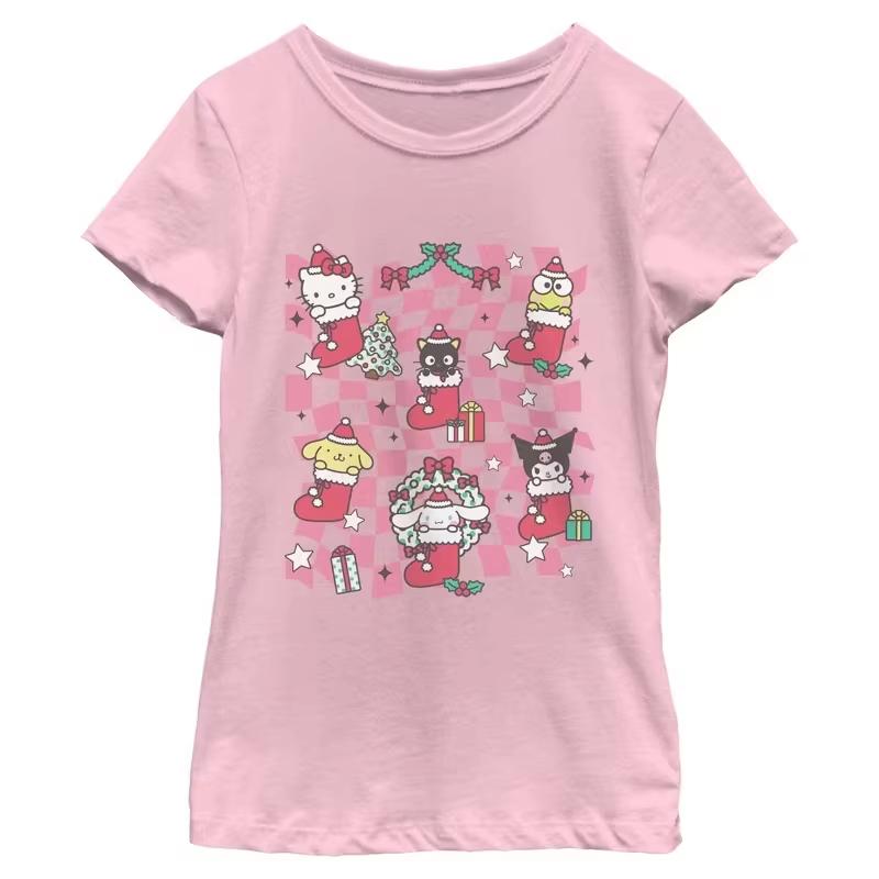 

Summer 2026 popular Sanrio character printed Christmasthemed cotton Tshirt Adult size Family outfit Loose and comfortable S