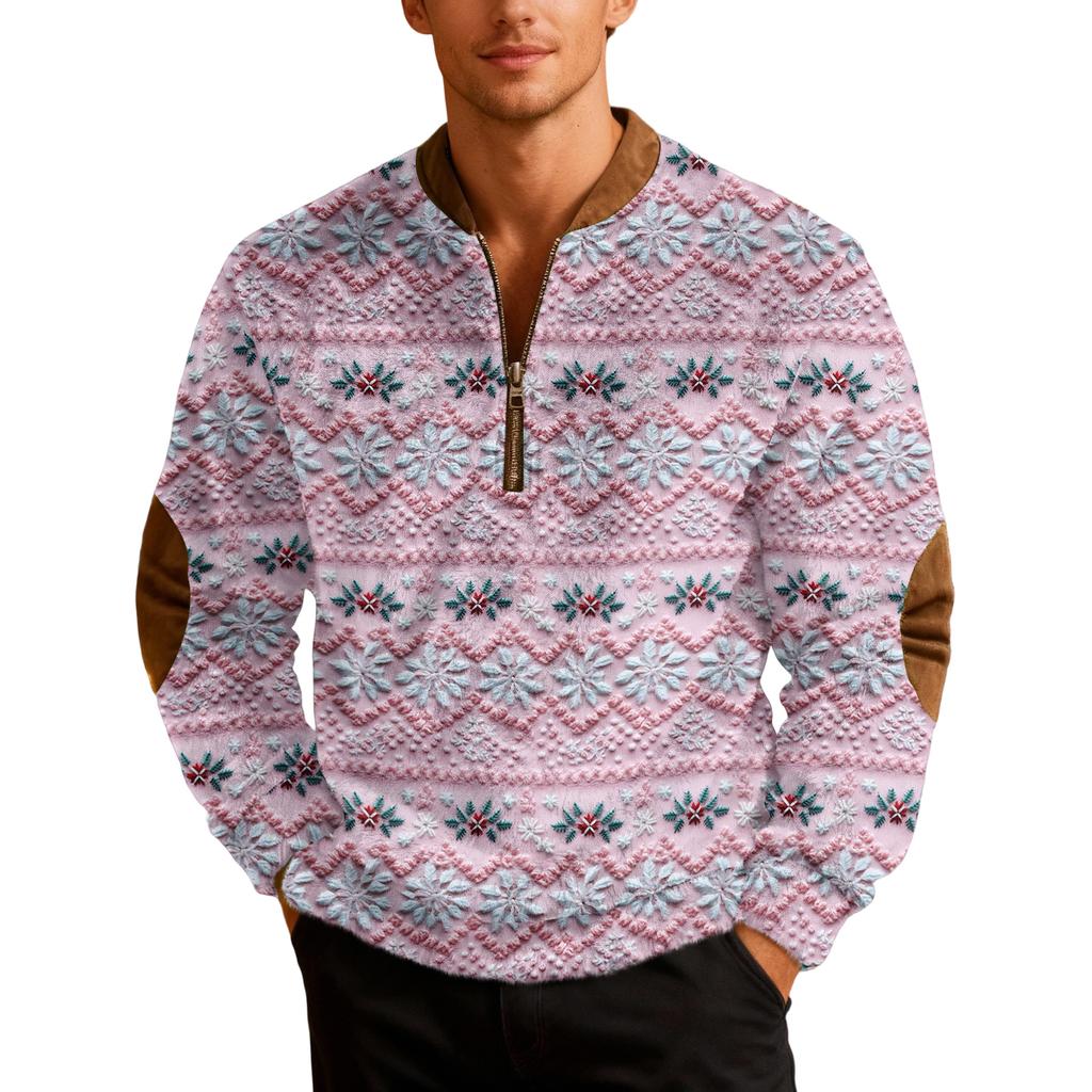 Mens Christmas Zip Up Sweatshirts Xmas Stand Collar Pullover Tops