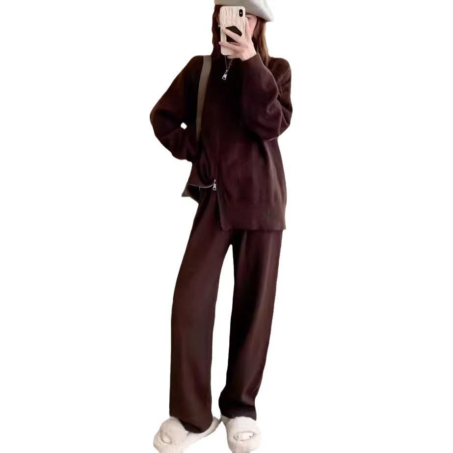 Women's Casual Knit Cardigan & Wide-Leg Pants Two-Piece Set - Autumn/Winter Collection