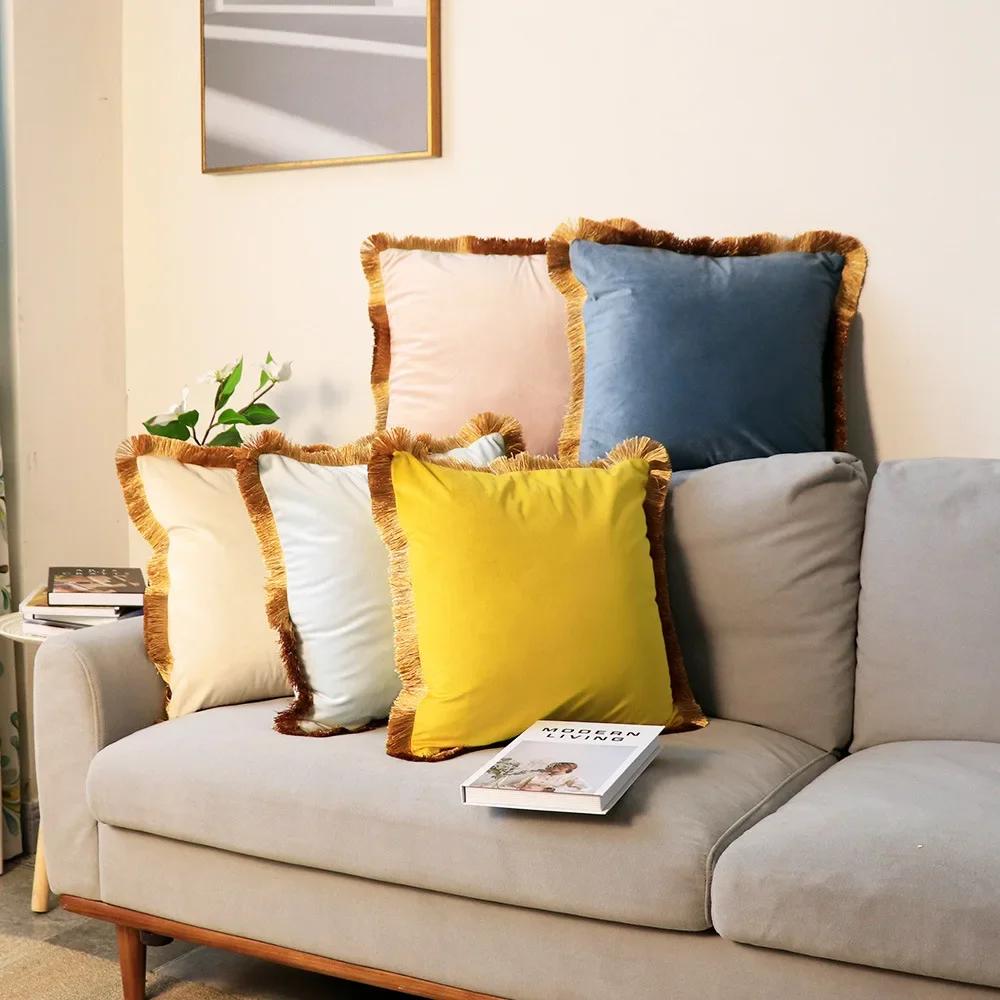 Velvet Cushion Cover with Gold Tassels Edge, Monochromatic Pillowcase, Decorative Sample Room, Bed and Sofa