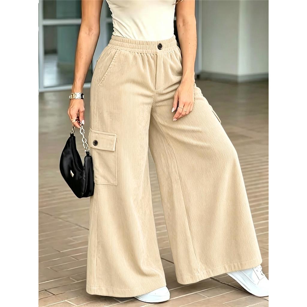 Women Corduroy Cargo Wide Leg Pants Elastic High Waist Casual Loose Multi‑Pocket Flare Trousers For Ladies