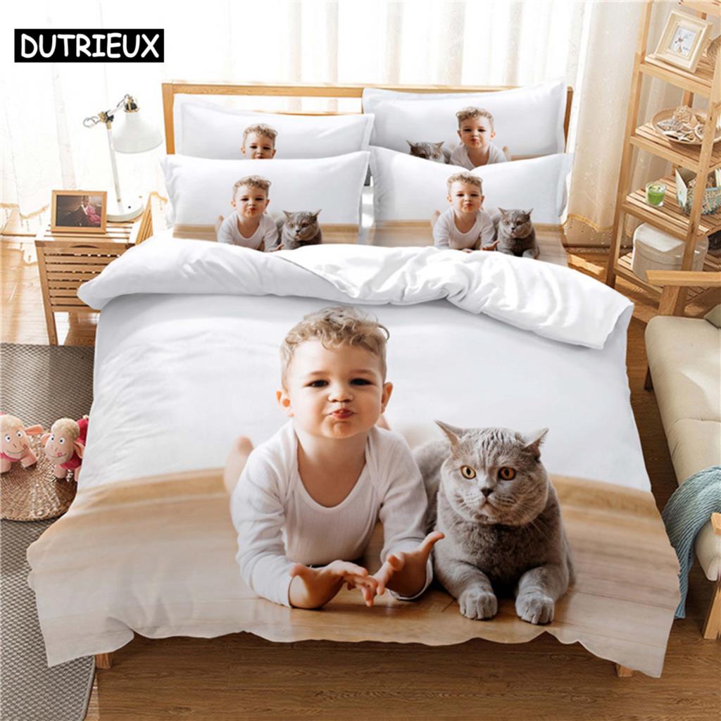 3D Digital Printing Fashion Design Queen Size Lovely Cat Bedding Set, Duvet Cover Set