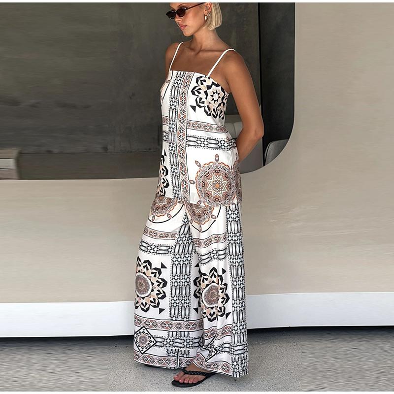 Vintage Print Strap Vest Pants Set Women Sleeveless Backless Tube Top Wide Leg Loose Trousers Female 2025 Fashion Holiday Suit