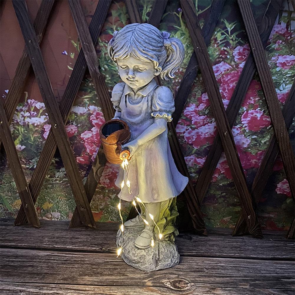 Solar Powered Girl Figurine Light Waterproof Girl Watering Pot Sculpture Creative Girl Watering Can Decor Courtyard Decoration