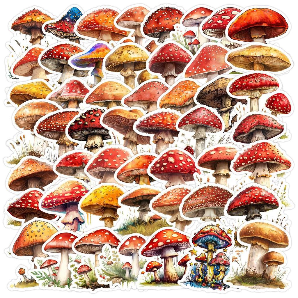 50 Cute Waterproof Watercolor Mushroom Stickers - Creative Decorative Stickers for Suitcases & Computers