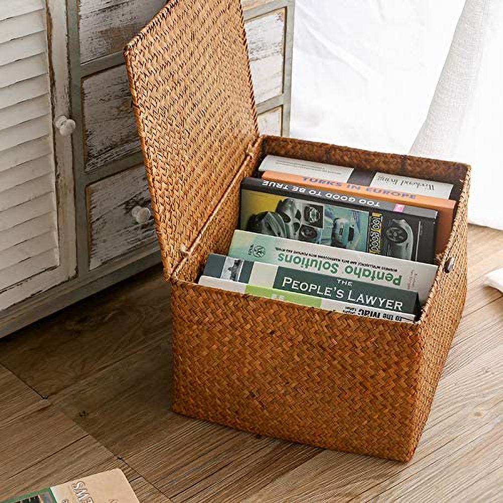 Yellow Seagrass Woven Storage Basket With Lid Desktop Organizer Box For Clothes And Sundries