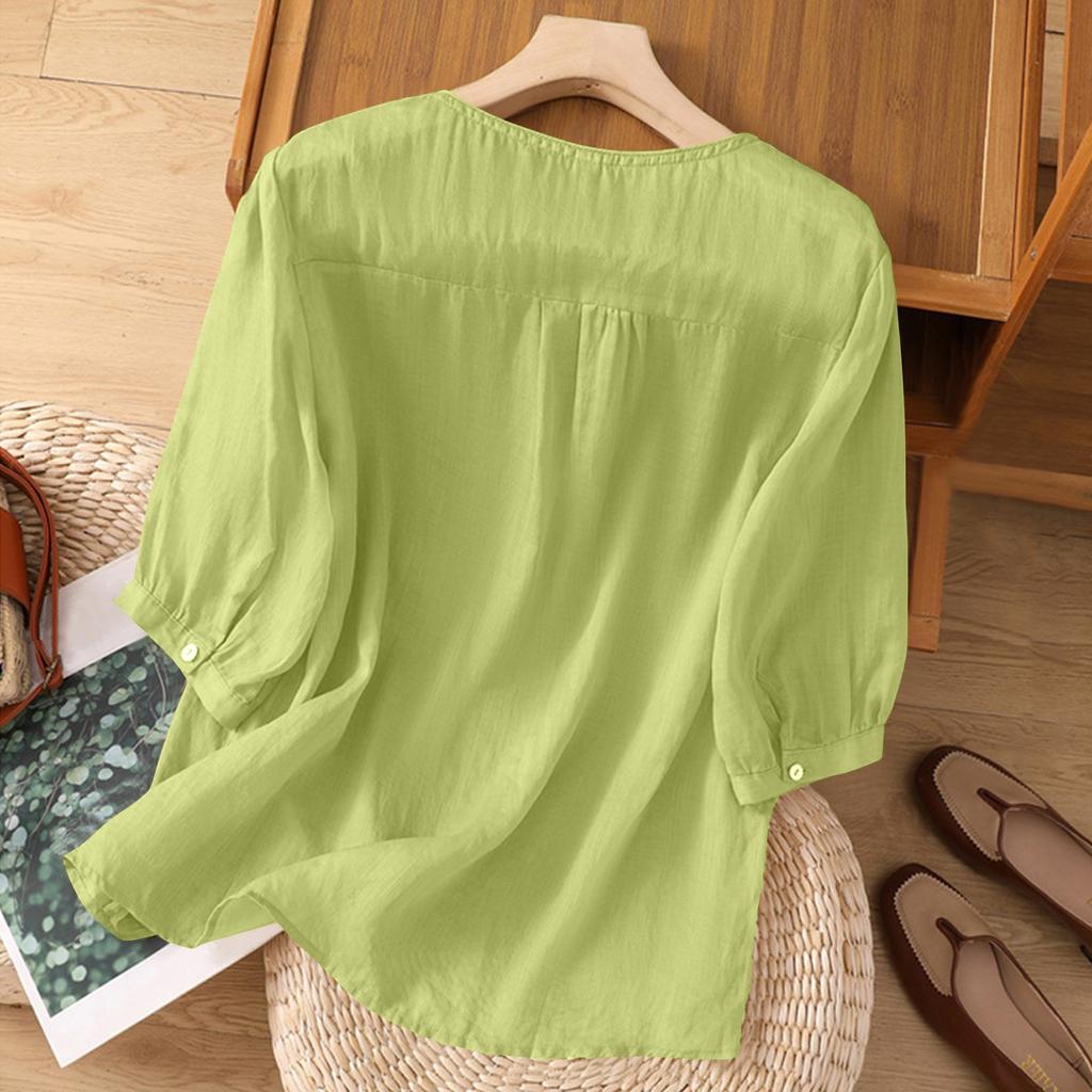 Damen Farbe Baumwolle Leinen Kurzarm Bestickt Retro Atmungsaktiv T-Shirt Rundhals Oberteil