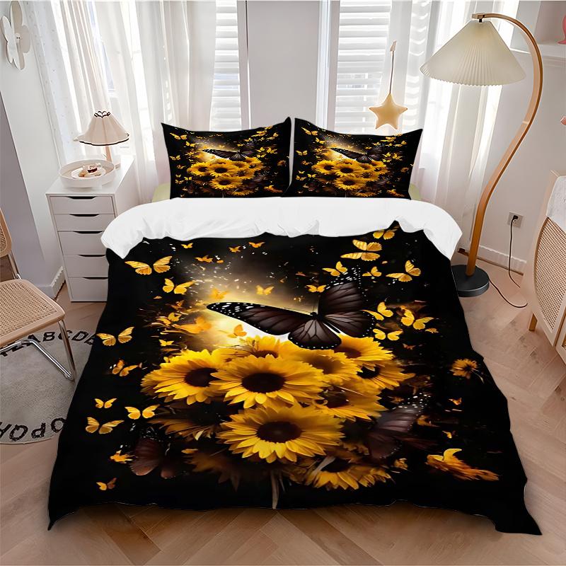 3pcs Black Butterfly Is Flying Among Sunflowers Bedding Set, 1 Soft Quilt Cover + 2 Pillowcases, Machine Washable, Suitable for All Seasons