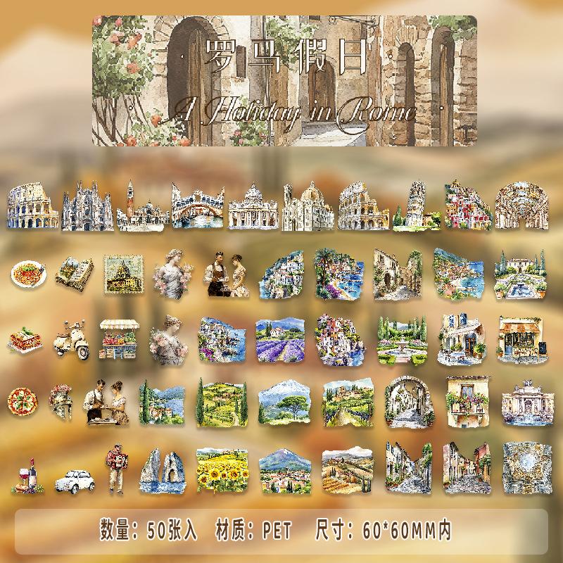 1box/50Pcs Travel Themed Stickers for Tin Box Retro Landscape for Journal Album DIY Crafts