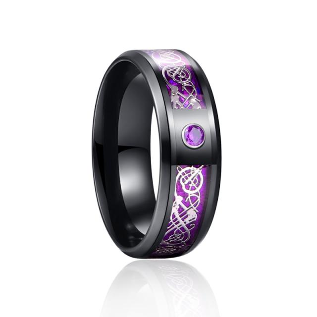 8Mm Men Black Red Stainless Steel Finger Ring Viking Dragon Blue Cubic Zirconia Inlay Finger Ring Nuptial Bridal Band Beveled Edge Comfort FitTrendy