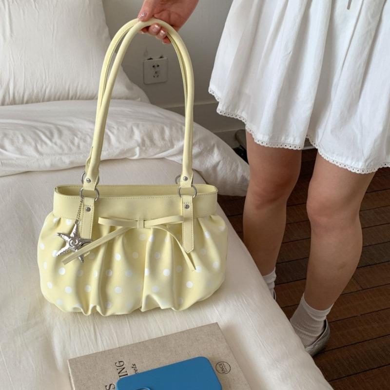 Polka Dot Ruched Shoulder Bag With Star Pendant Women Bow Decor Large Capacity Hobo Bag Retro Versatile Handbag For Daily Commut