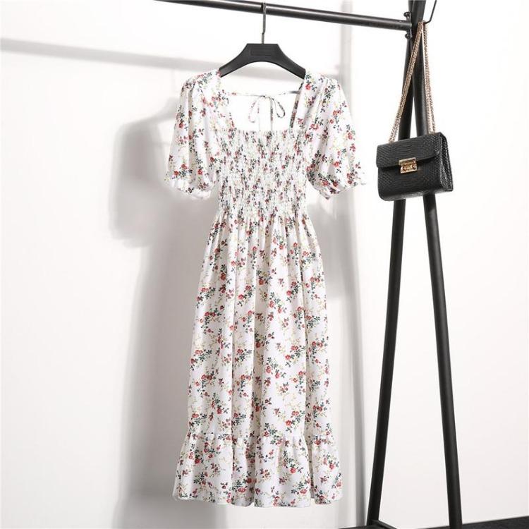 Summer Floral Print Dress Women Casual Slim Fit Square Collar Pleated Waist Medium Long White Sizes S-XL