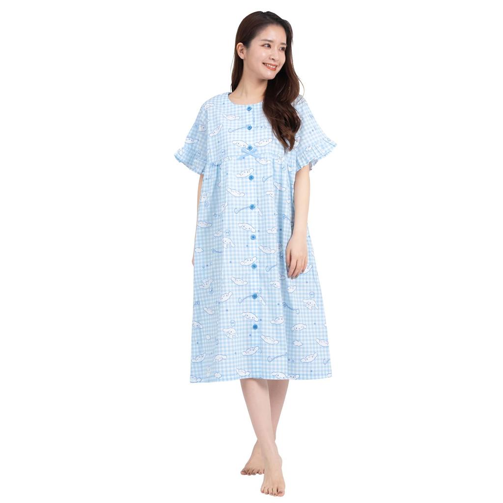 SAZAC Cinnamoroll Cotton Gingham Cinnamoroll Dress/Nightgown, 100% Broadcloth, Women's, Button-Front Loungewear, (Sax/M-L/SAN1781)
