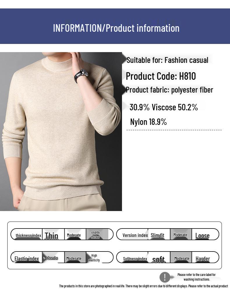 Douyin Men's Slim Fit Solid Color Sweater - Half High Collar, Spring/Autumn Base Layer