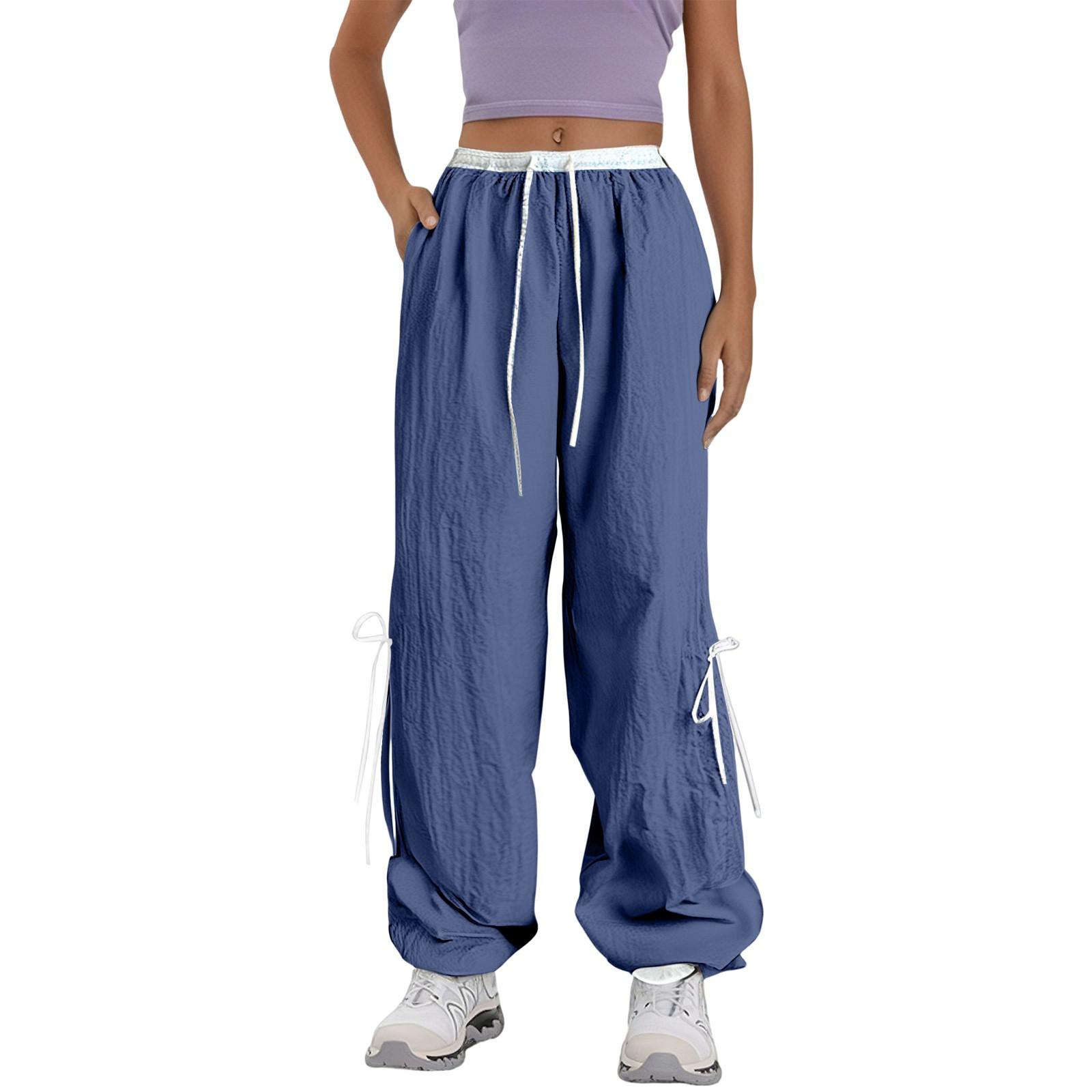 

Women s Summer Thin Loose Straight Leg Pants With Bow Tie Work Pants High Waist Wide Leg Quick Drying Sports Pants M тёмно-синий