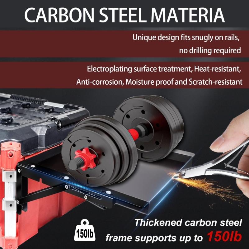 Skládací pracovní plocha s magnetickým úložištěm nářadí, navržená pro rychlou montáž systému, bez nutnosti vrtání