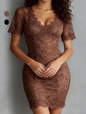 Europäisches & Amerikanisches Sexy V-Ausschnitt Spitze Durchsichtig Schlankmachendes Kleid
