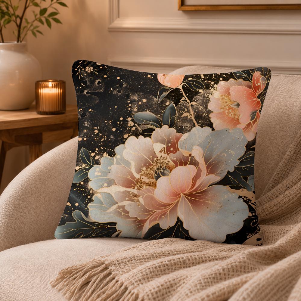 Peony Cushion Cover Anti-dustmite Pillowcase Invisible Zipper Silky Short Plush Sofa Cushion Cover