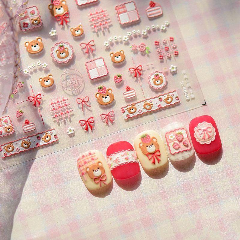 

Strawberry Bear Nail Sticker New Arrival 5D Relief 3D Cute Pet Children s Nail Stickers Decorations Strawberry Bear 4849((Relief))
