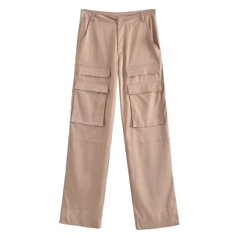Fashion Style 2024 Spring/Summer New Arrival Women's Clothing Mid-Waisted Figure Flattering Straight-Leg Pants Silk Satin Texture Cargo Pants 7102504