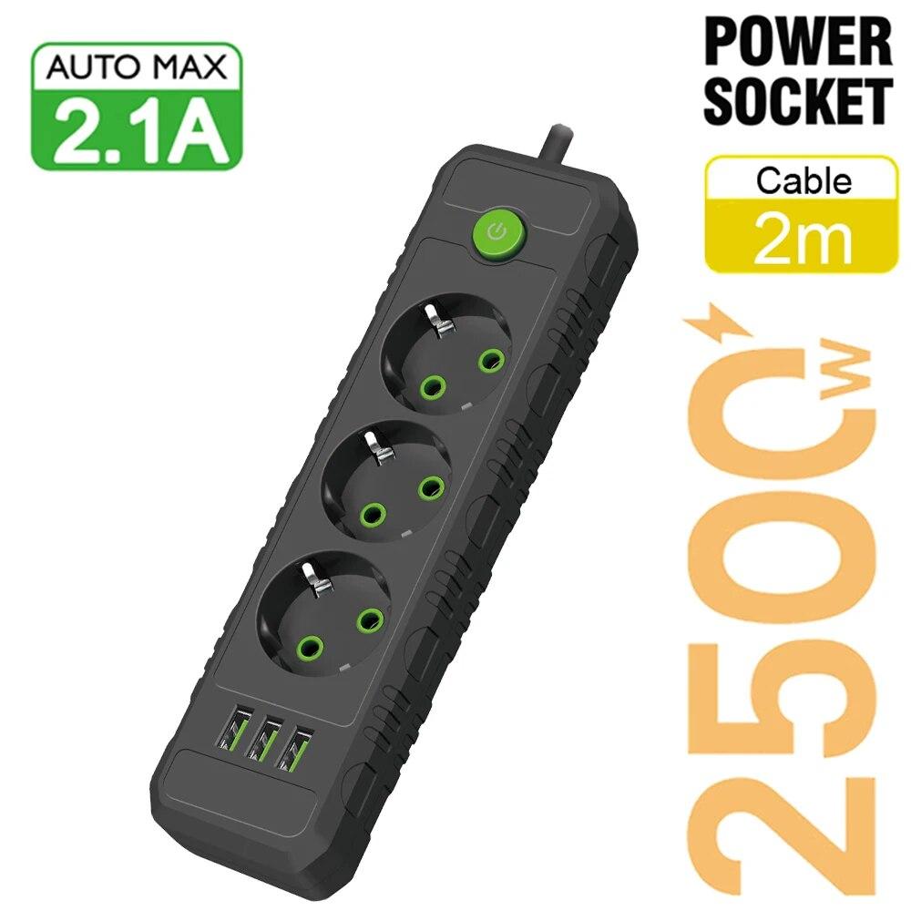 Eu Plug Ac Outlets Multitap Power Strip 2M Extension Cord Socket Electrical with Usb Ports Fast Charging Network Filter Adapter