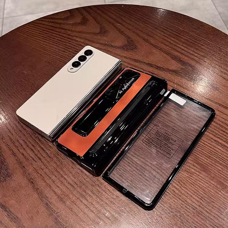 With S Pen Stand Leather Case for Samsung Z Fold 4 Z Fold 5 6 Hinge Case Screen Protective Film Pen Slot Cover