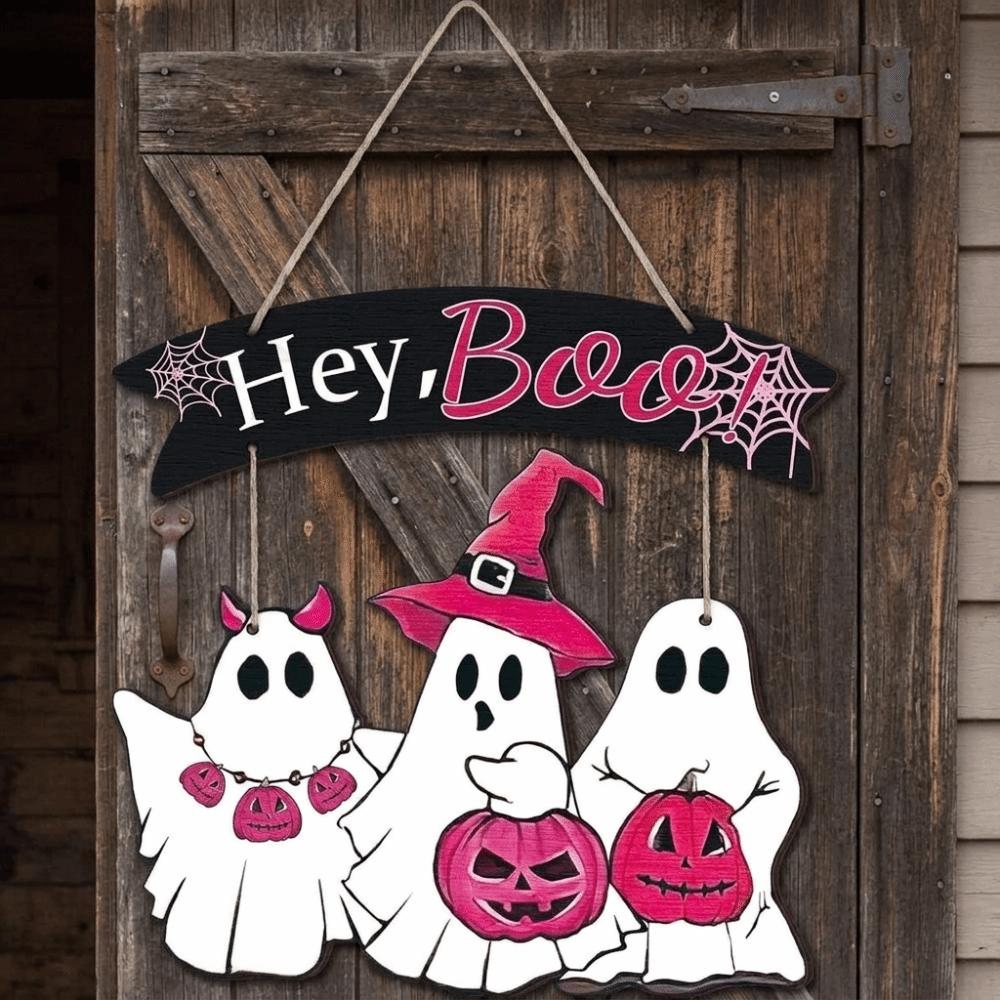 Wooden Halloween Ghost Door Sign Cartoon Door Hanging Cute Halloween Welcome Door Plaque Porch