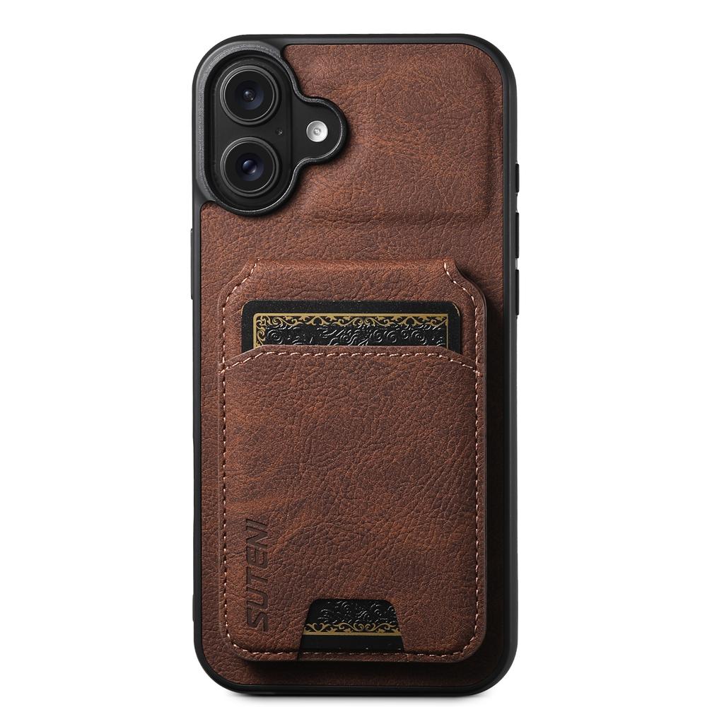 SUTENI H02 For iPhone 16 Case Card Slots Kickstand Litchi Texture Leather+TPU Cover