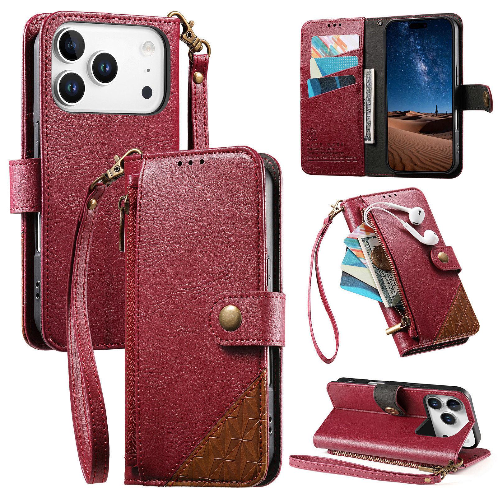 

Color Blocking Luxury Magnetic Cards Solt Wallet Leather Phone Case for iPhone 17 Pro Max 16 Plus 15 14 13 12 Strap Flip Cover iPhone 15 Pro Max кларет