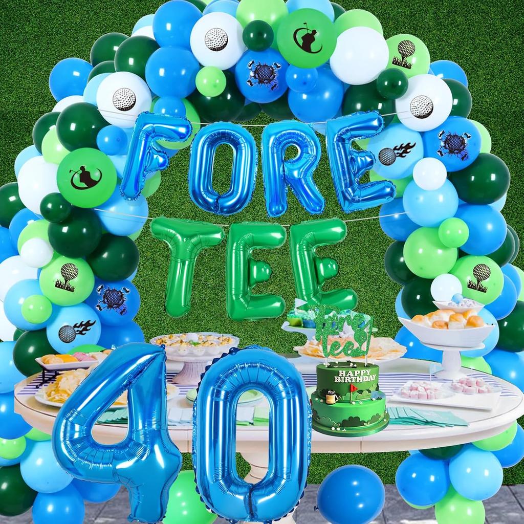 Golf 40th Birthday Decorations for Men, Fore Tee Balloon Garland Kit with Glitter Foretee Cake Topper, Golf Ball Balloons, Number 40 Balloon, Sports